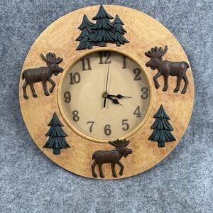 Vintage Moose Tree Round Wall Clock Log Cabin Decor Outdoors Rustic Heavy Works